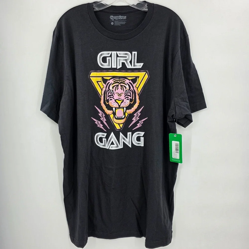 Tipsy‎ Elves Gray Girl Gang Tiger Graphic Print Crew Neck Short Sleeve 2XL NWT
